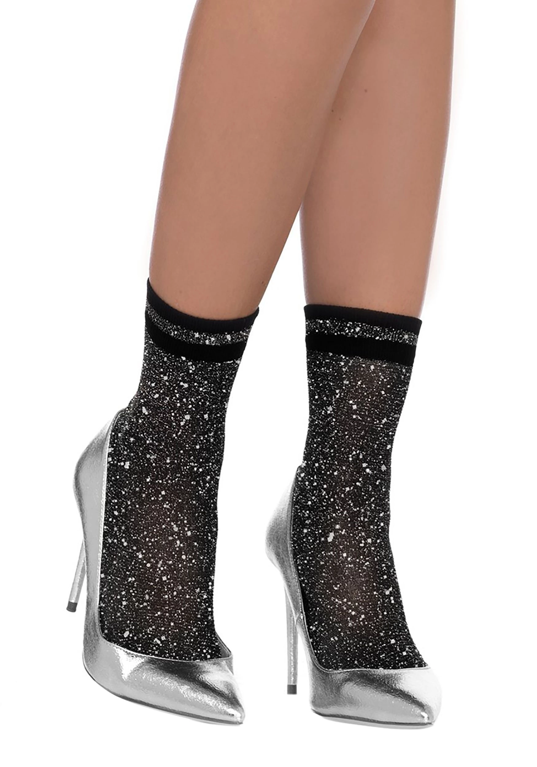 LEG AVENUE Women's Black And Silver Lurex Shimmer Ankle Socks 3 LEG AVENUE Women's Black And Silver Lurex Shimmer Ankle Socks