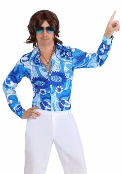 Fun Costumes Mens Blue Flower Disco Shirt